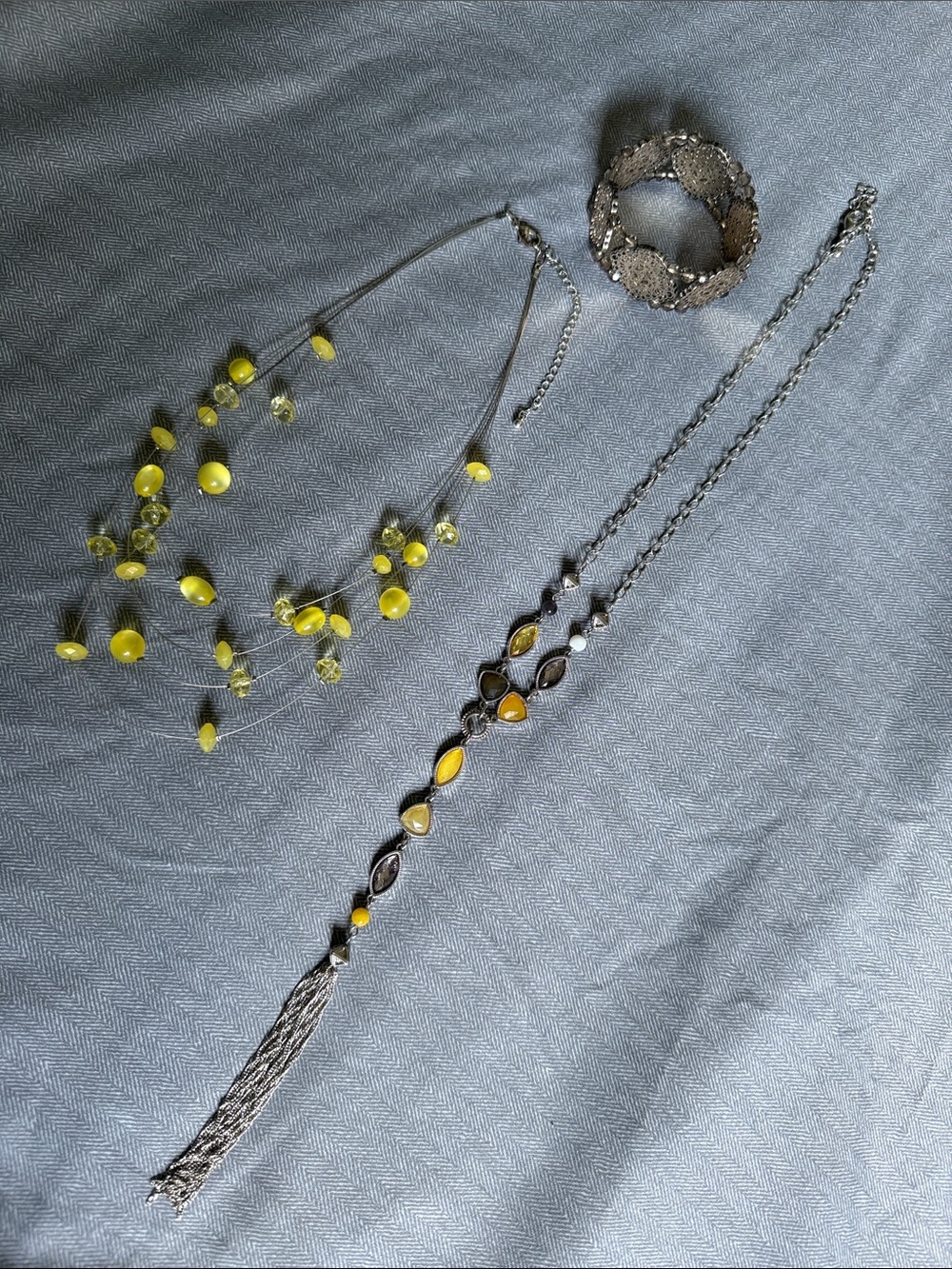 2 Necklaces and 1 Bracelet: Yellow Accent Multi-Strand Pendant Necklace